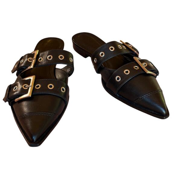 Schutz "Penny Flats" Black Buckle Mules with Silver Hardware, Pointy Toes size 6 - Picture 8 of 15